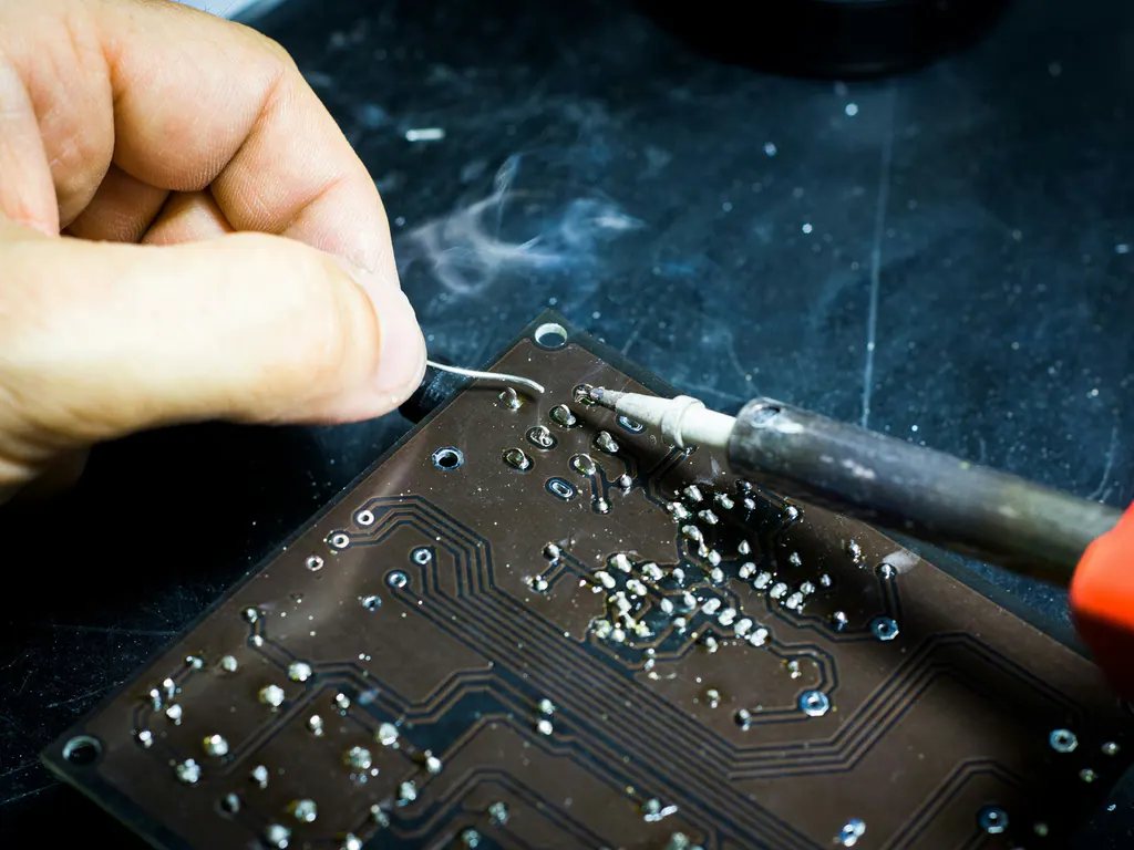 A soldering iron touching a dark circuit board, a wisp of smoke rising