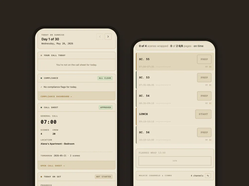 Grace on two phones: the day's dashboard with the general call time, and the shoot day's scenes in order with their planned times