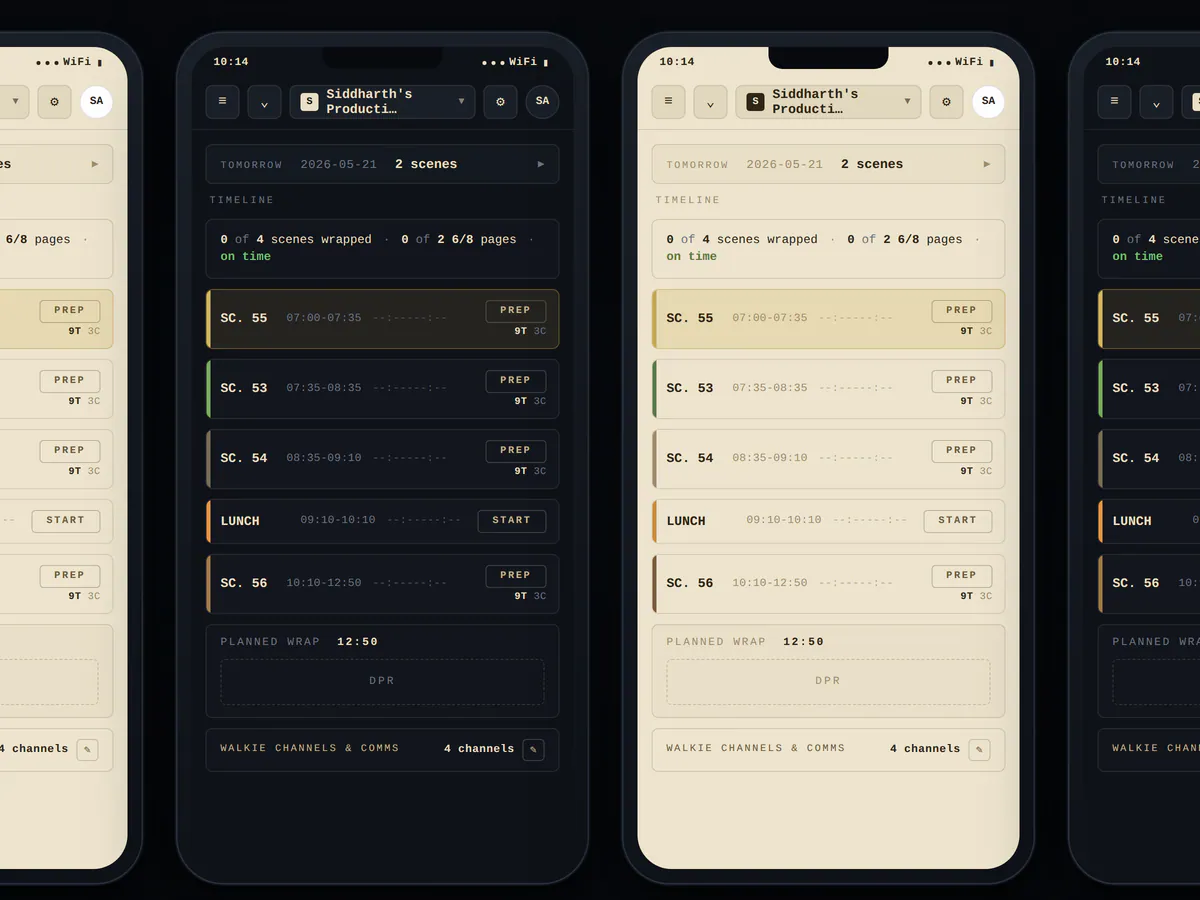 Grace Production OS on phones in light and dark modes, showing the day's scene timeline