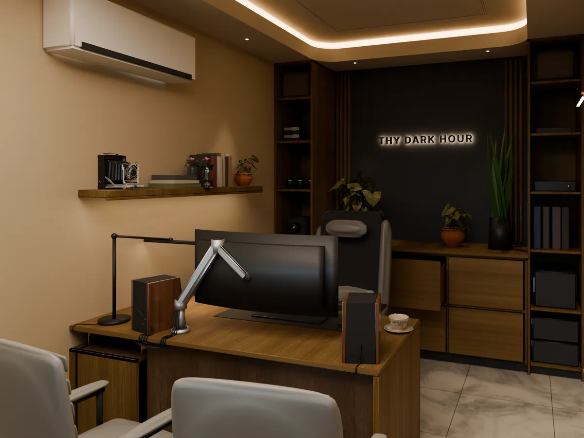 Concept render of a small office: a walnut desk and monitor facing a dark feature wall with a backlit sign, open shelving and a lit ceiling cove