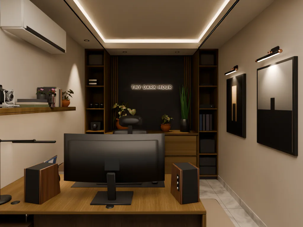 The same office in the evening, with the ceiling cove and picture lights on