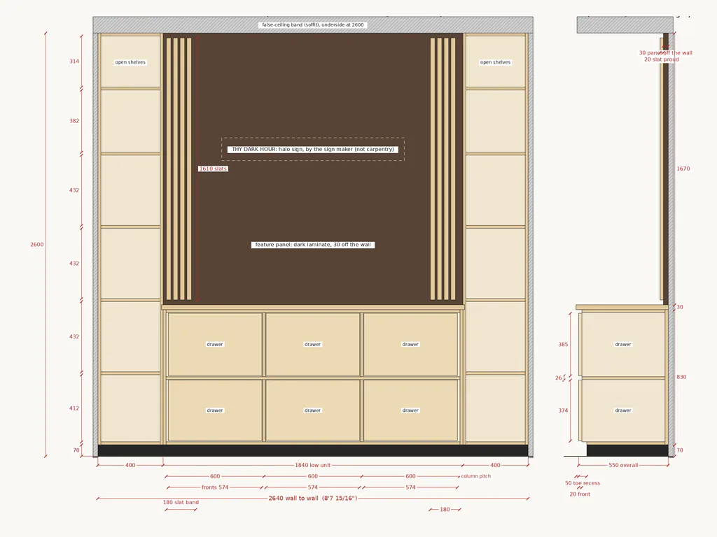 The carpenter's sheet for the same wall: a dimensioned elevation of the shelves, drawers and feature panel, and a section through the low unit.