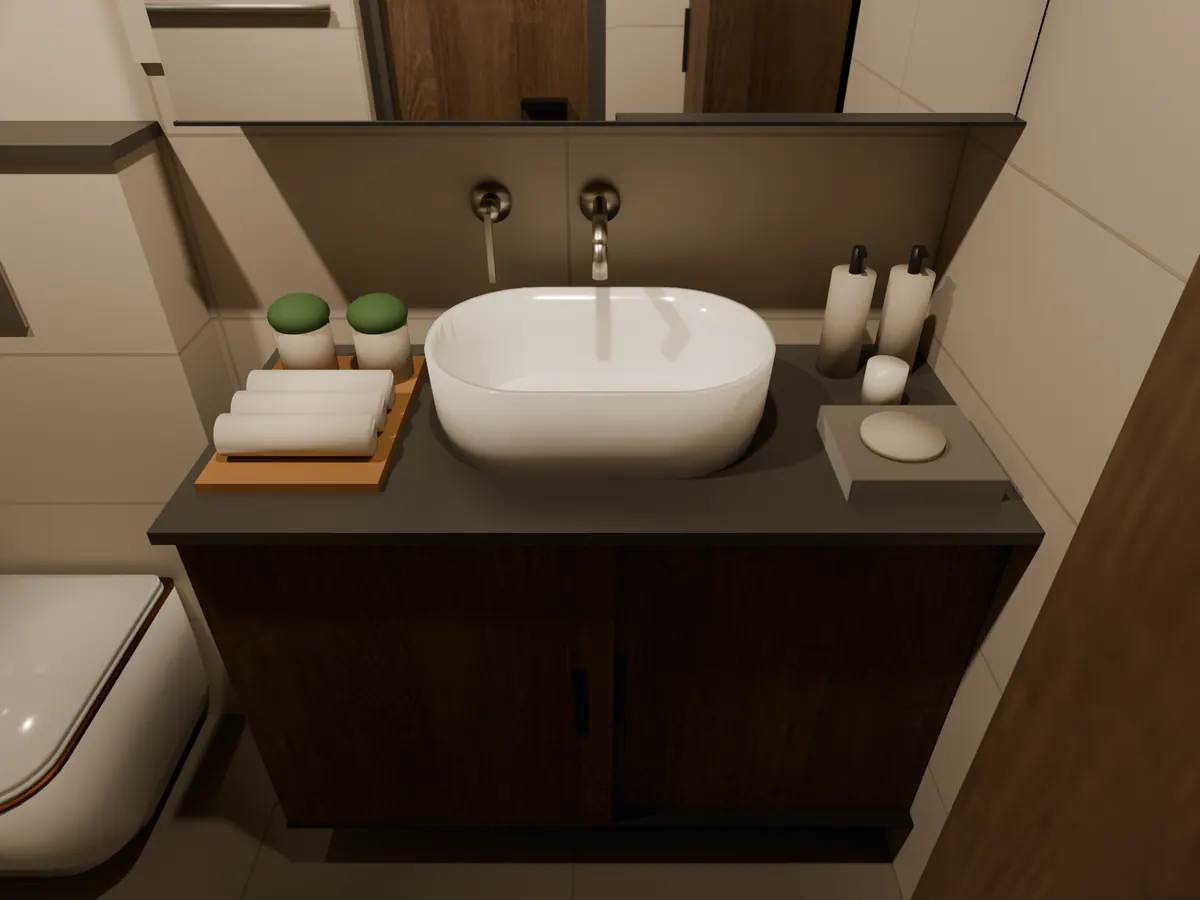 Close view of a basin counter: white vessel basin, wall mixer, a tray of rolled towels and small plants.