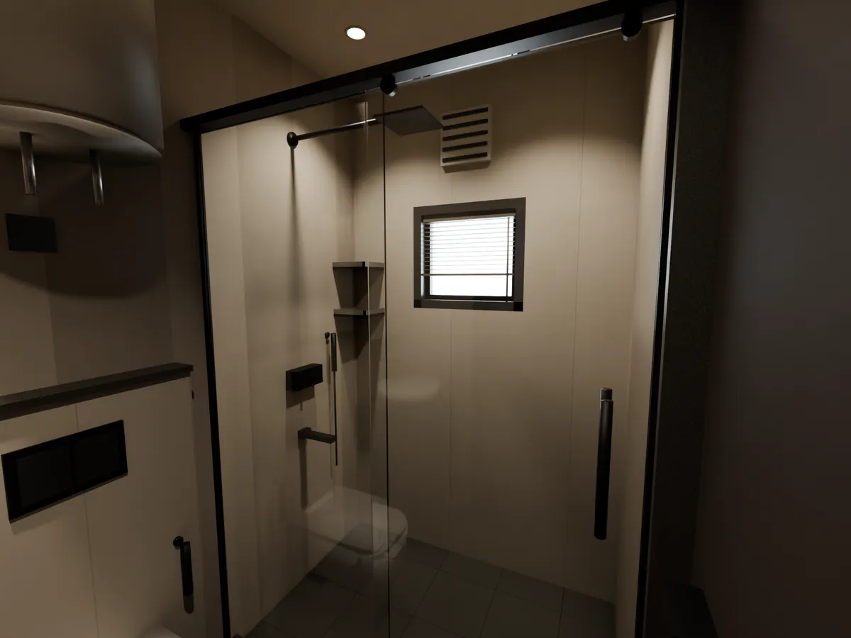 Concept render of a walk-in shower in greige tile with black fittings, a small window and corner shelves.