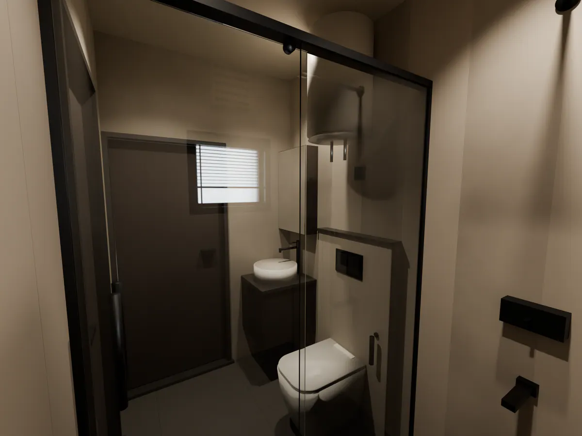 Concept render of a compact bathroom: wall-hung WC, flush plate on a tiled ledge, round basin on a dark cabinet.
