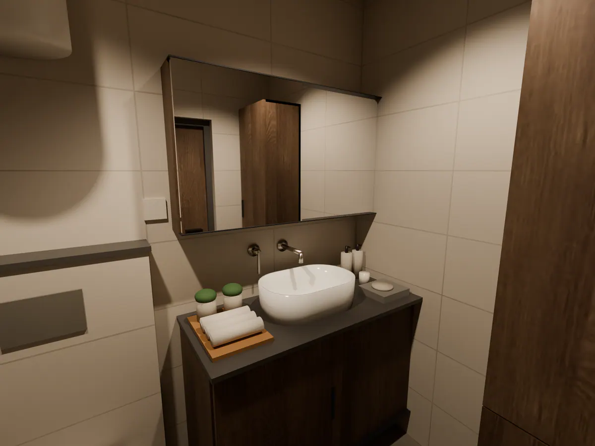 Concept render of a bathroom vanity: oval basin on a dark stone top, wall mixer, mirror cabinet and rolled towels.