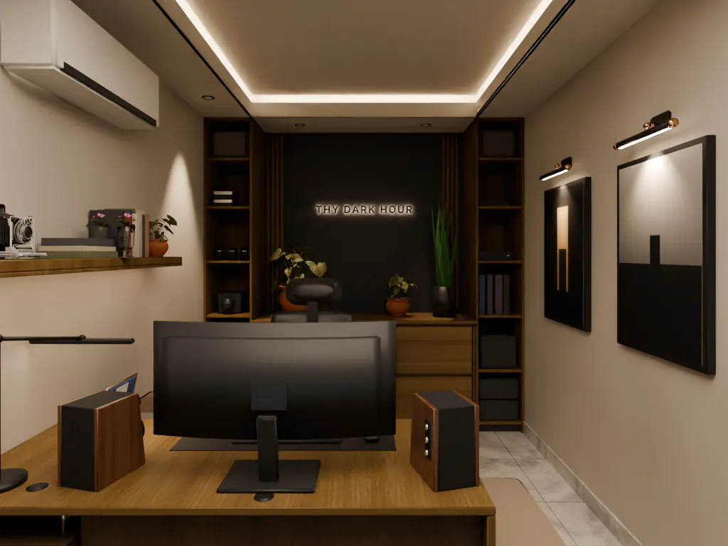 The same office view in the evening, with the ceiling cove, picture lights and wall sign switched on.