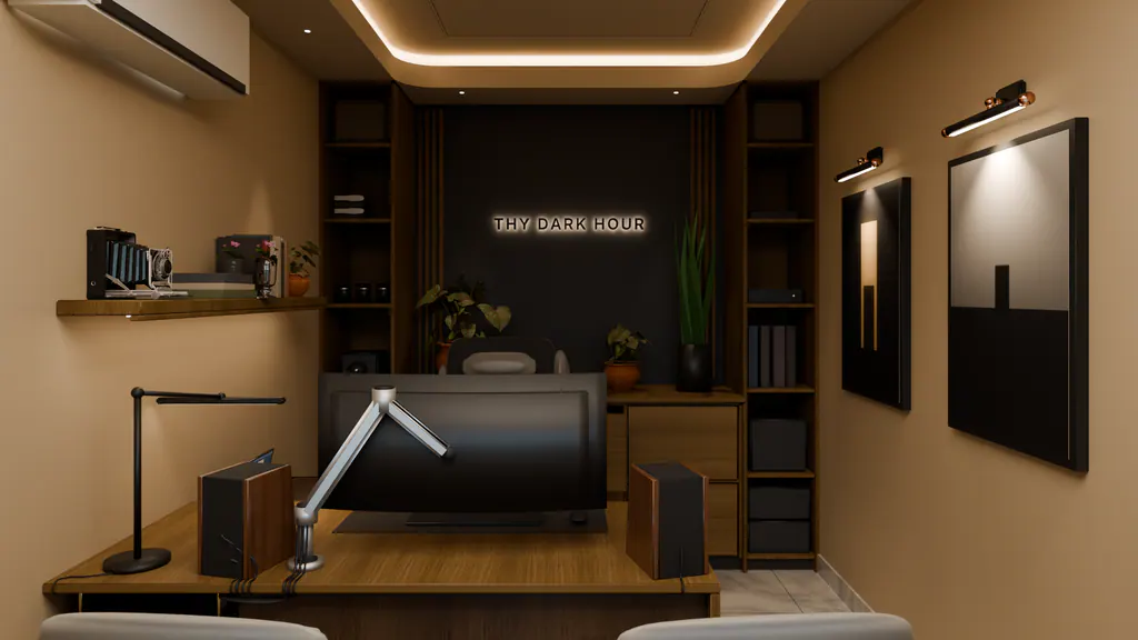 Concept render of a small office: a walnut desk facing two visitor chairs, a back wall of open shelves around a dark panel with a softly lit sign, and a glowing cove in the ceiling.
