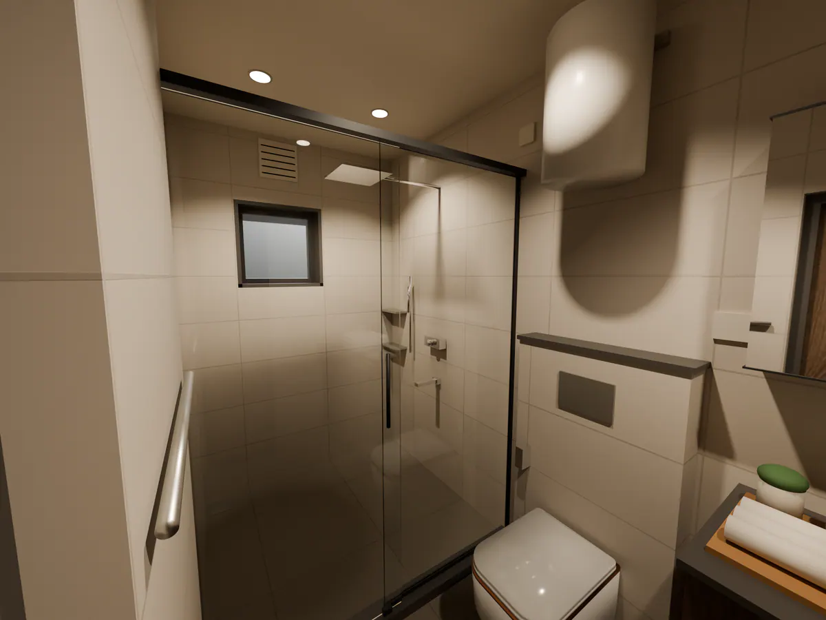 Concept render of a compact bathroom from the doorway: a sliding glass shower, a wall-hung WC on a tiled ledge and a vanity with rolled towels