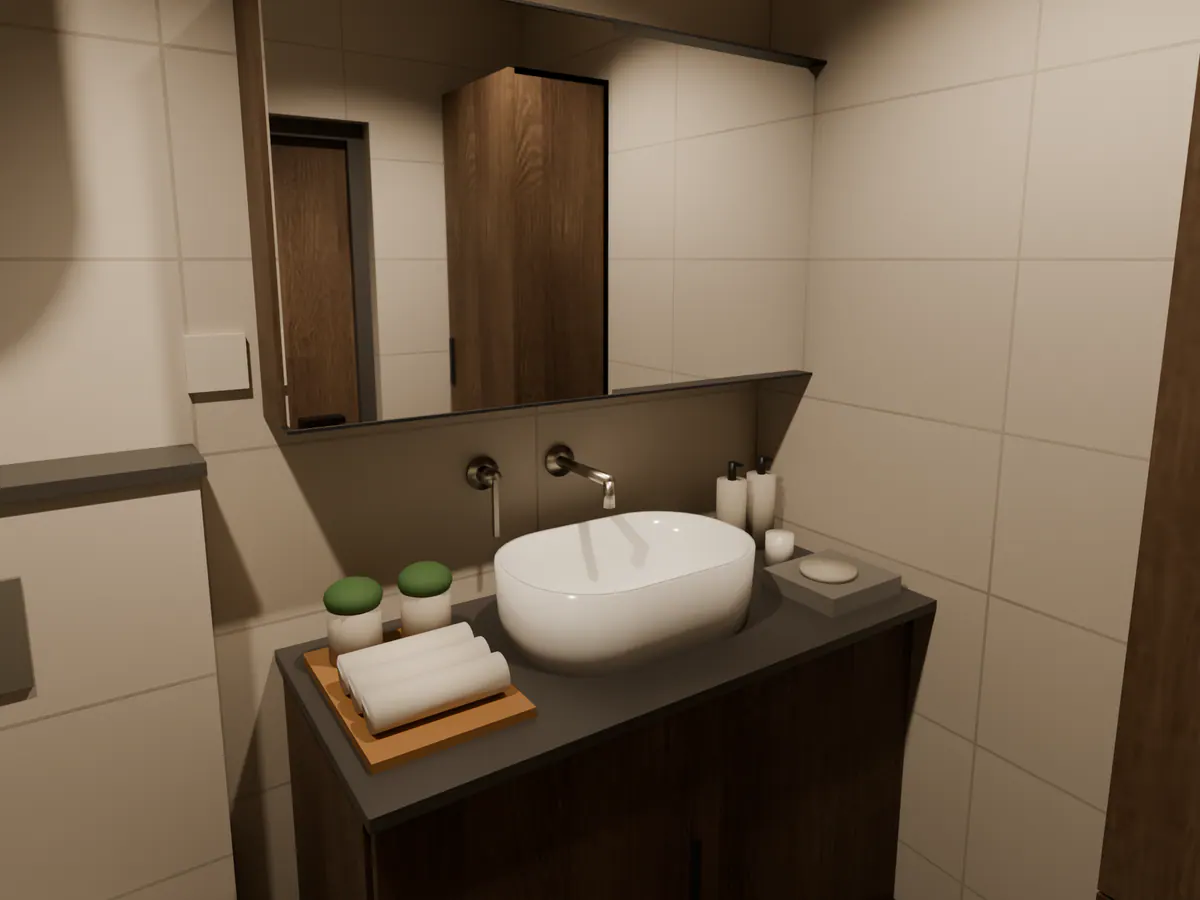 Concept render of a bathroom vanity: a white vessel basin on a dark wood cabinet, a wall-mounted mixer and a mirror cabinet above